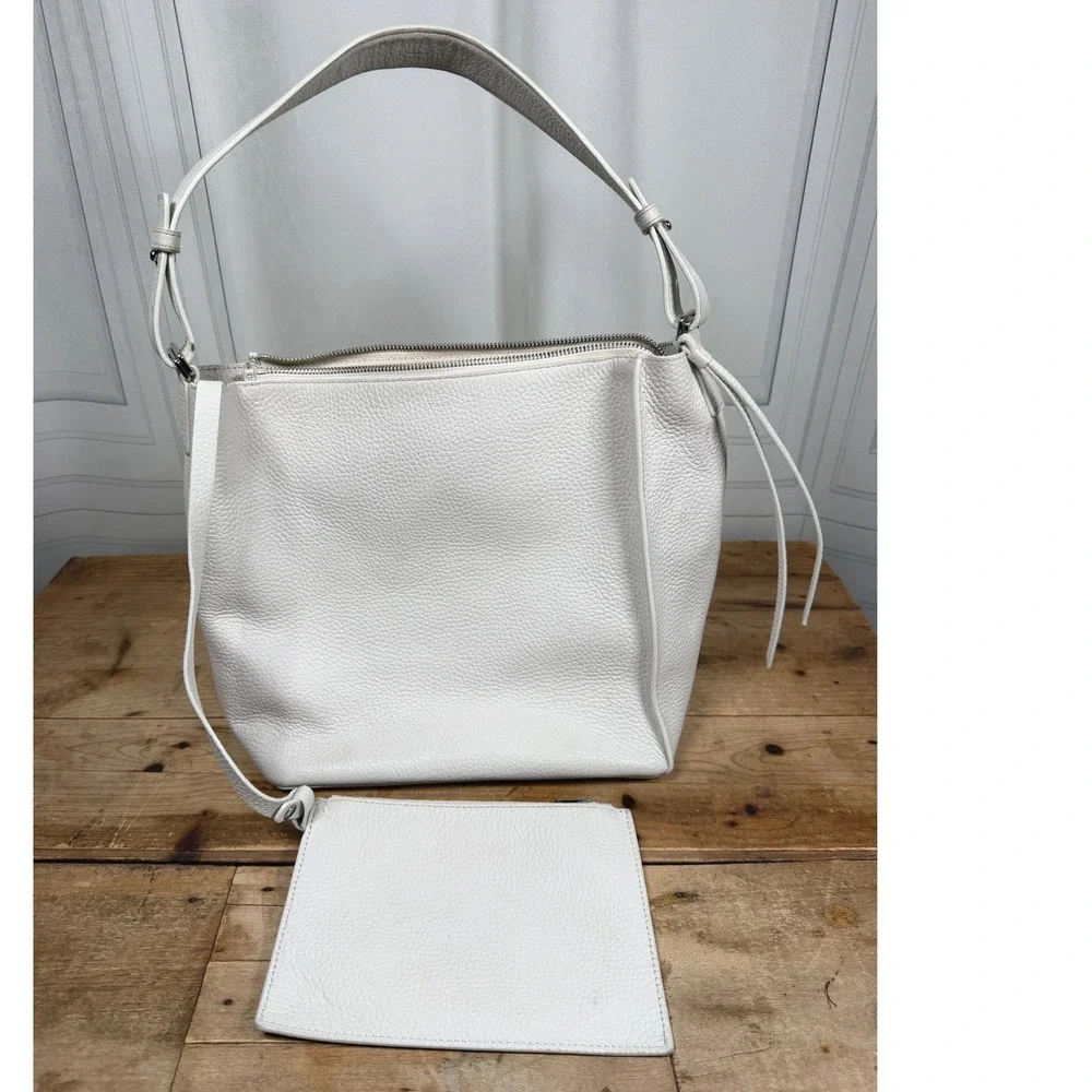 All Saints Chalk White Kita Pebbled Leather Hobo Shoulder Bag W/Pouch Minimalist